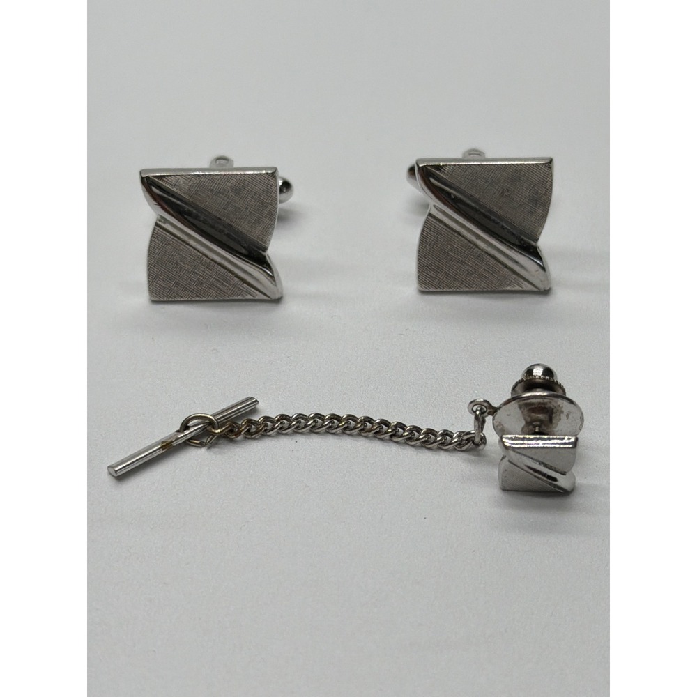 Mens Vintage Cufflinks Cuff Links Swank Silver Tone 3/4" Square Tie Tac